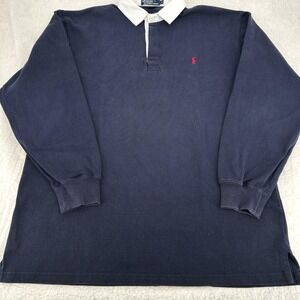 Vtg 90s Polo Ralph Lauren Mens Rugby Shirt L Navy Blue White Collar Long Sleeve